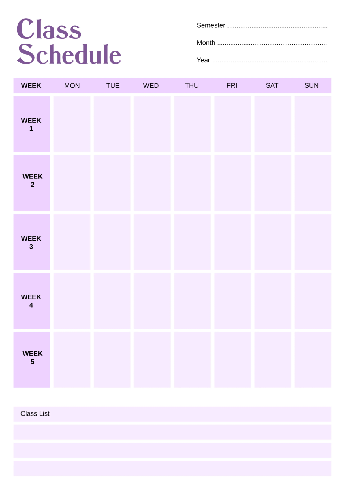 Free Monthly Classroom Schedule Template to Edit Online