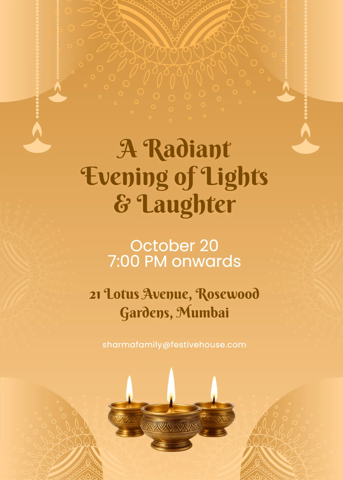 Free Golden Theme Diwali Invitation Template to Edit Online