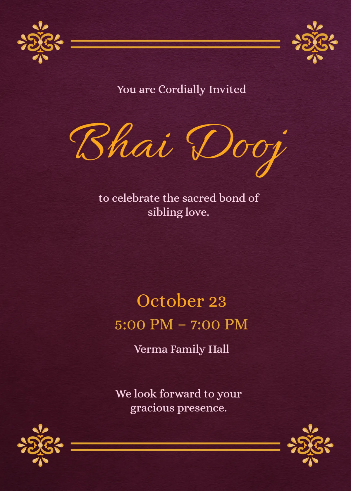Free Elegant Bhai Dooj Invitation Template to Edit Online