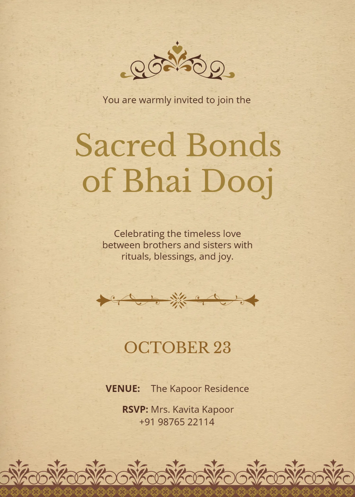 Free Classic Bhai Dooj Invitation Template to Edit Online