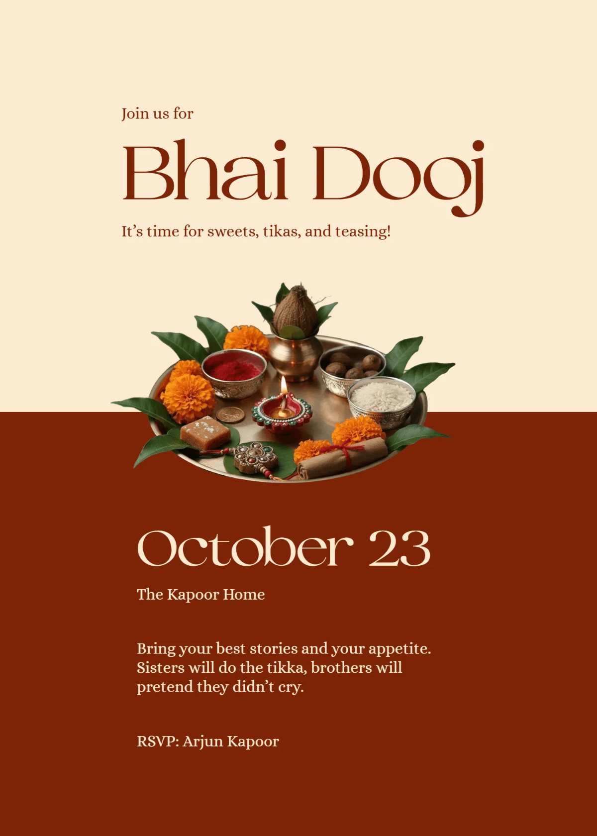Free Bhai Dooj Thali Invitation Template to Edit Online