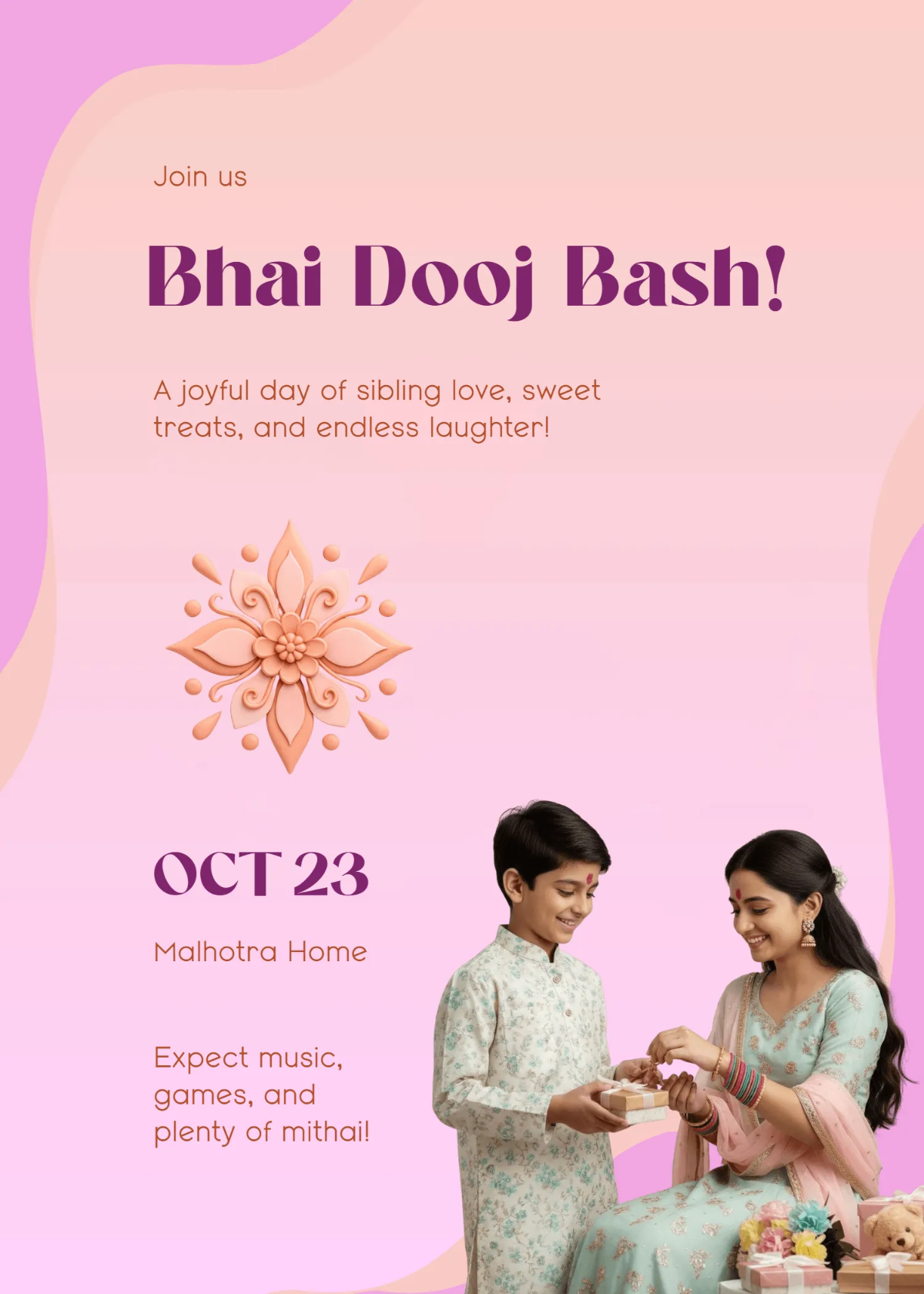 Free Pastel Bhai Dooj Invitation Template to Edit Online