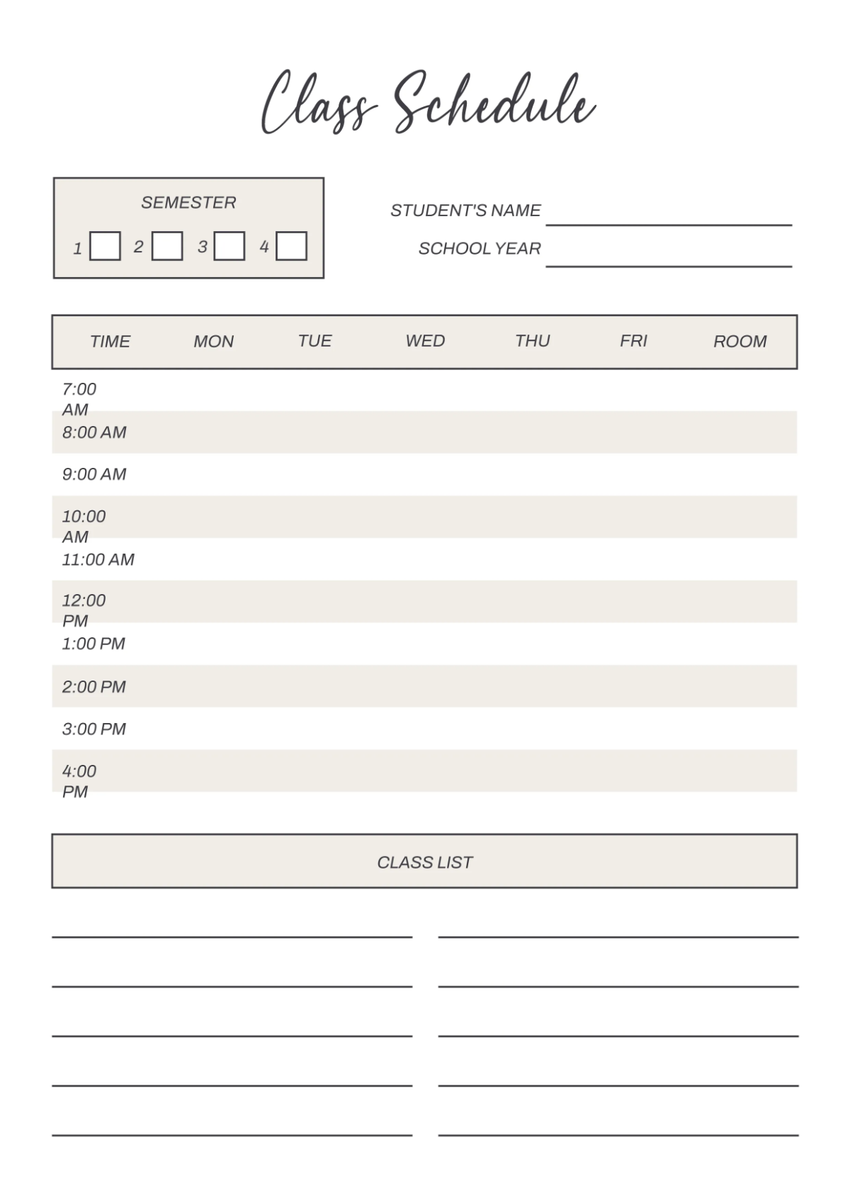 Free Student Classroom Schedule Template to Edit Online