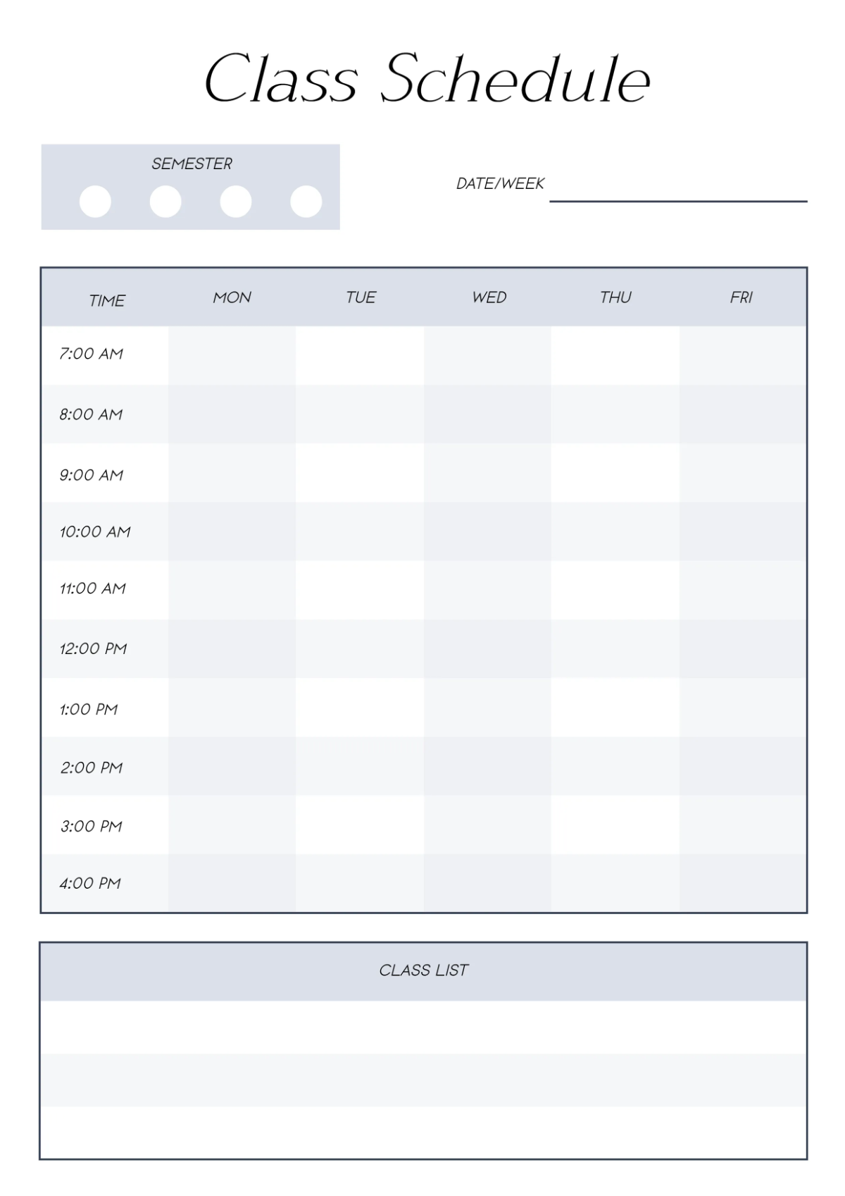 Free Simple Classroom Schedule Template to Edit Online