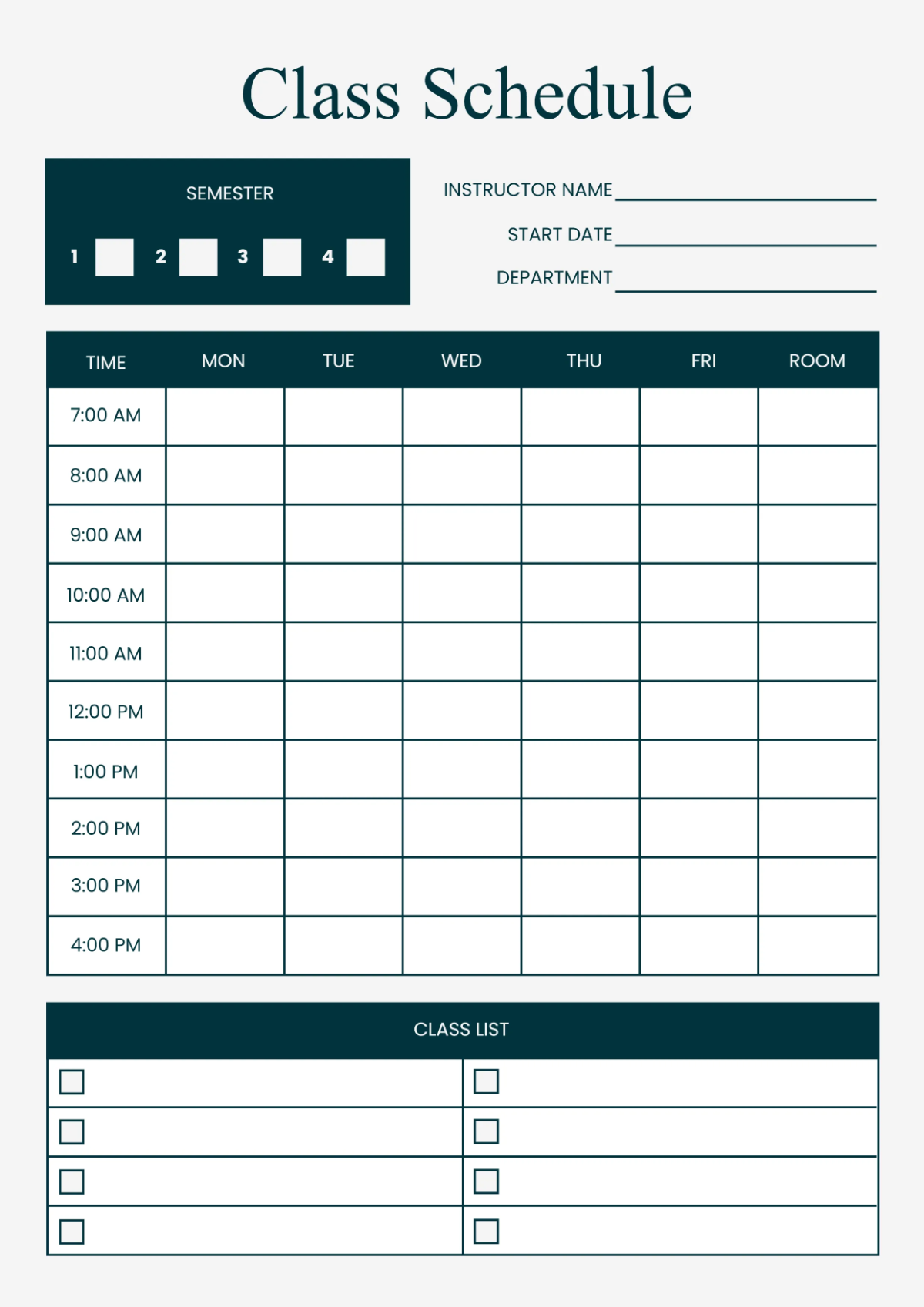 Free Professional Classroom Schedule Template to Edit Online