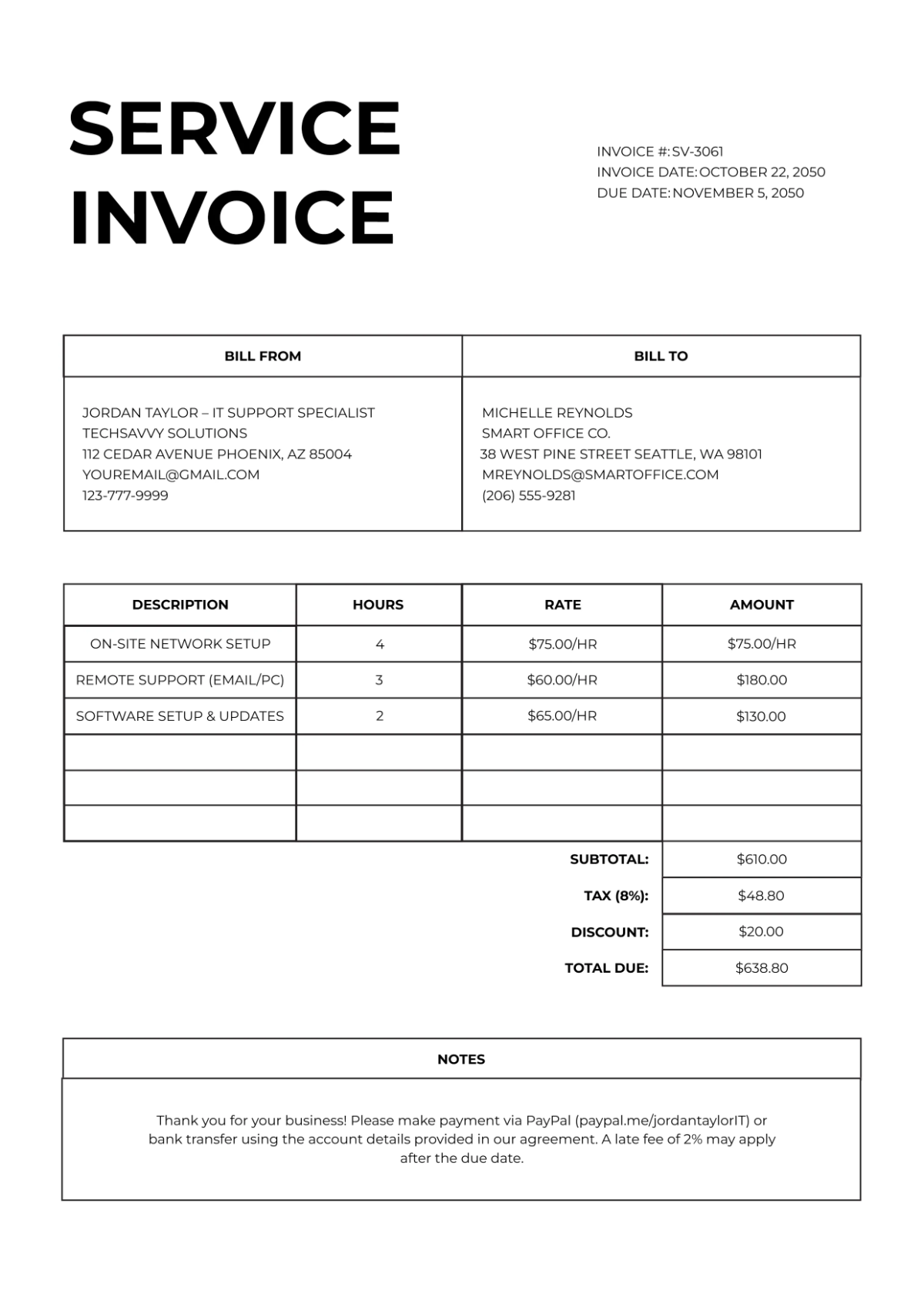 Free Service Invoice Template to Edit Online