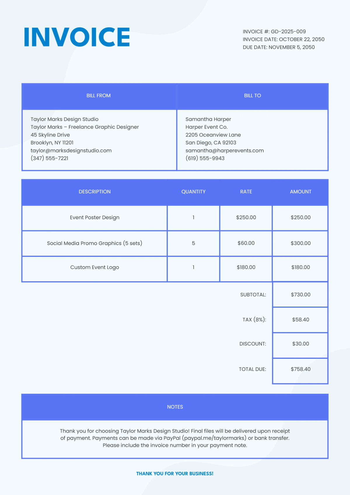 Free Graphic Designer Invoice Template to Edit Online
