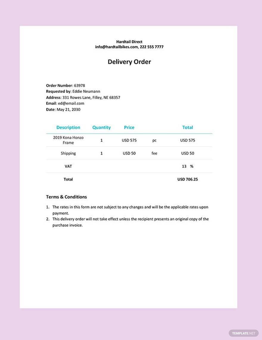 Free Simple Delivery Order Template
