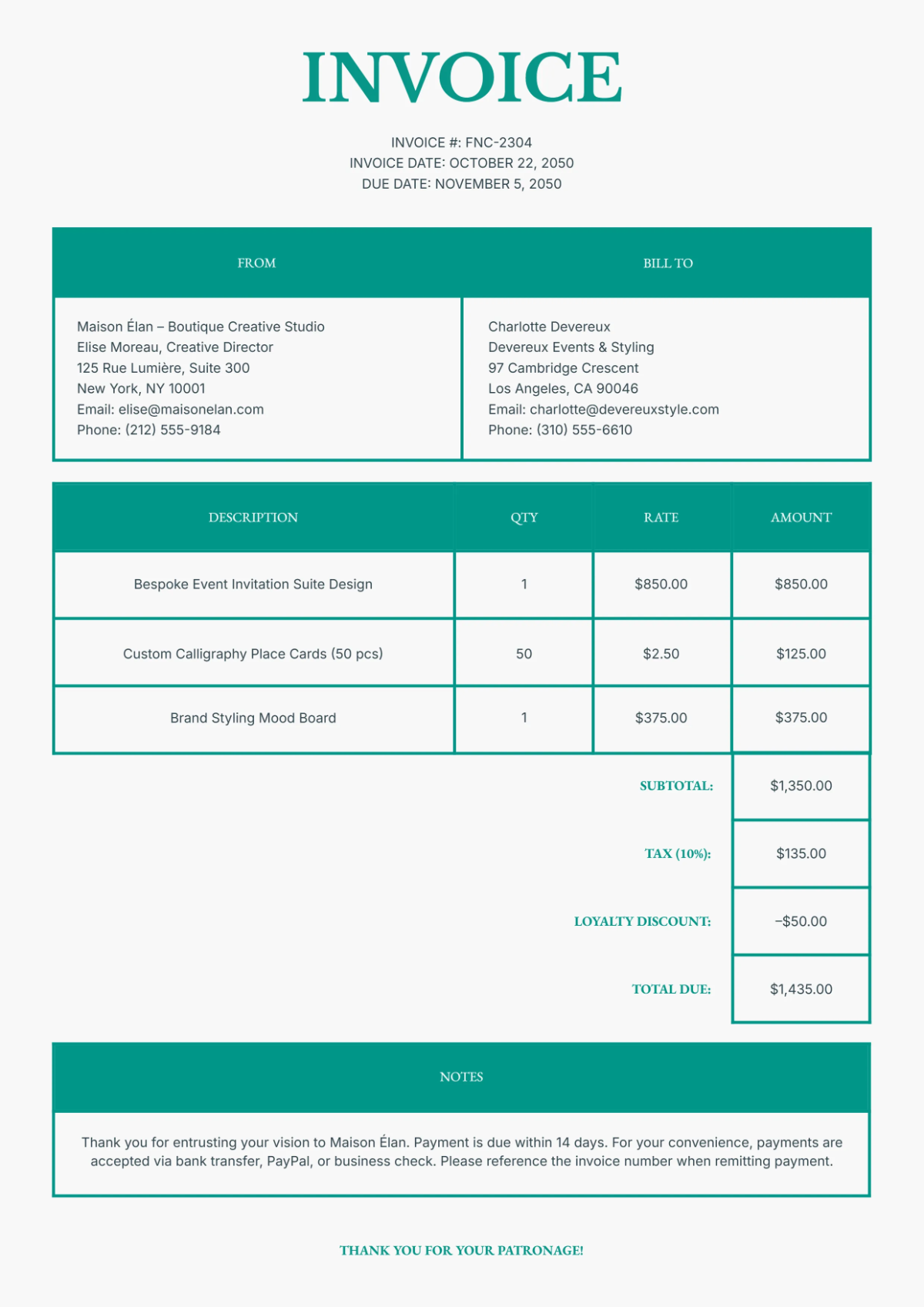 Free Fancy Invoice Template to Edit Online