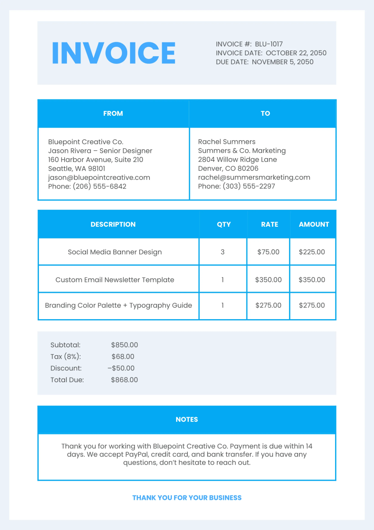 Free Blue Invoice Template to Edit Online