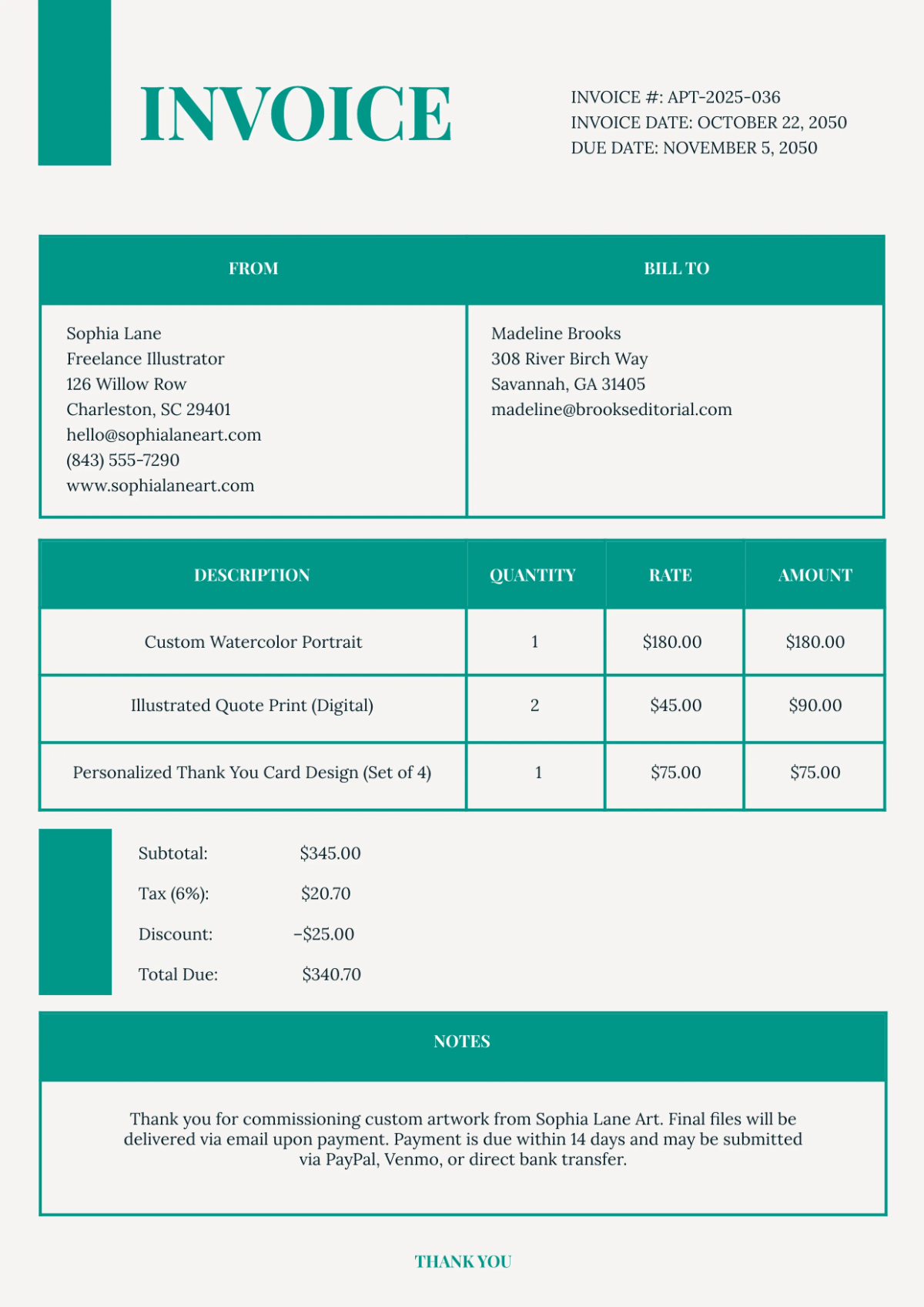 Free Aesthetic Personal Invoice Template to Edit Online