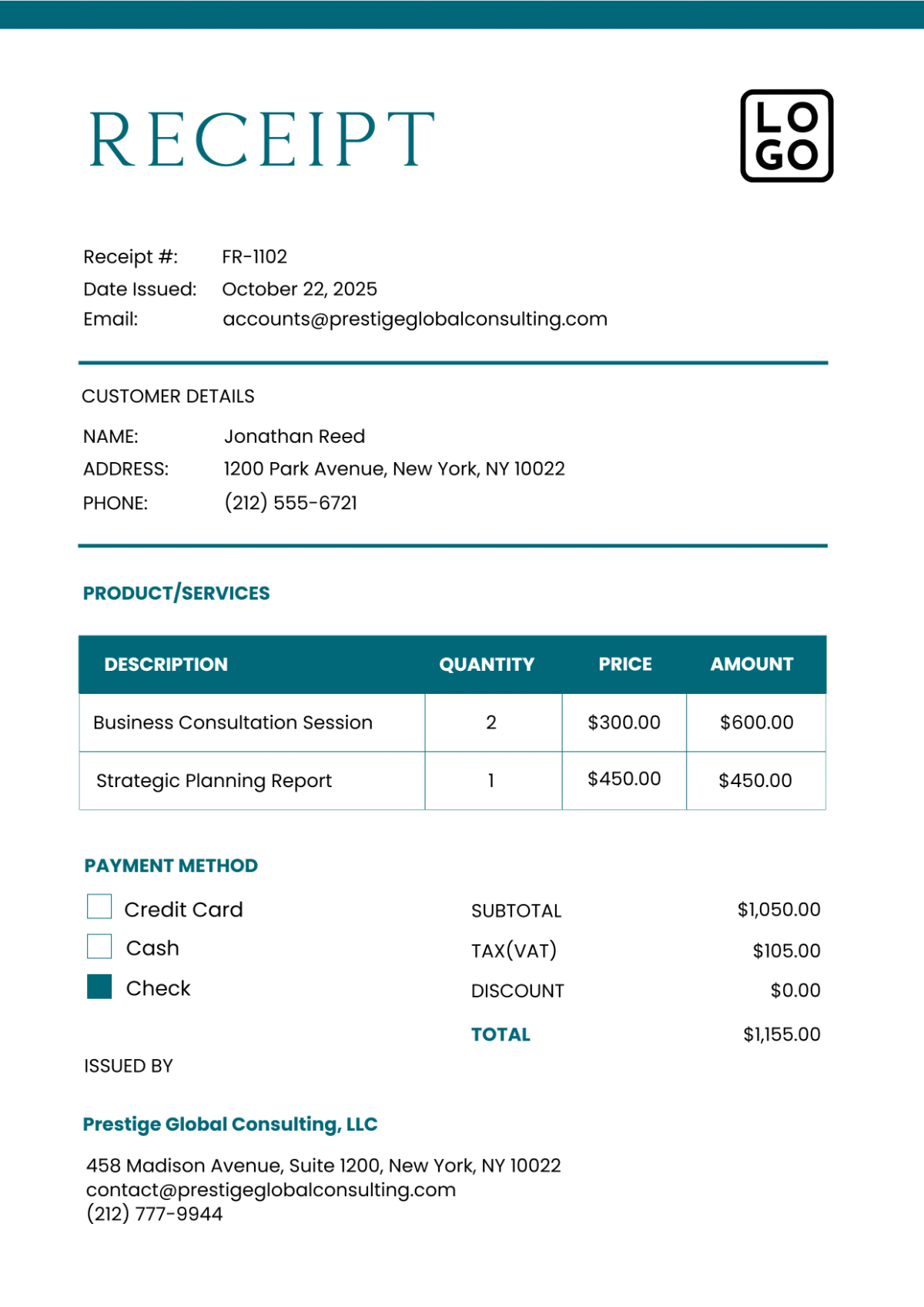 Free Formal Receipt Template to Edit Online