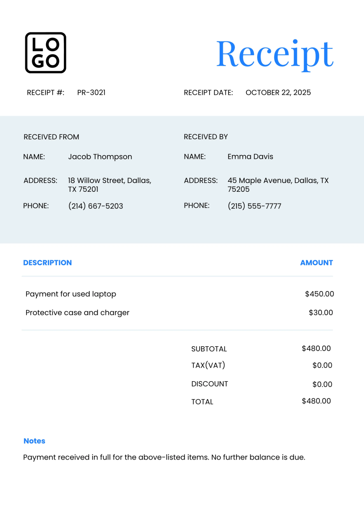 Free Personal Receipt Template to Edit Online
