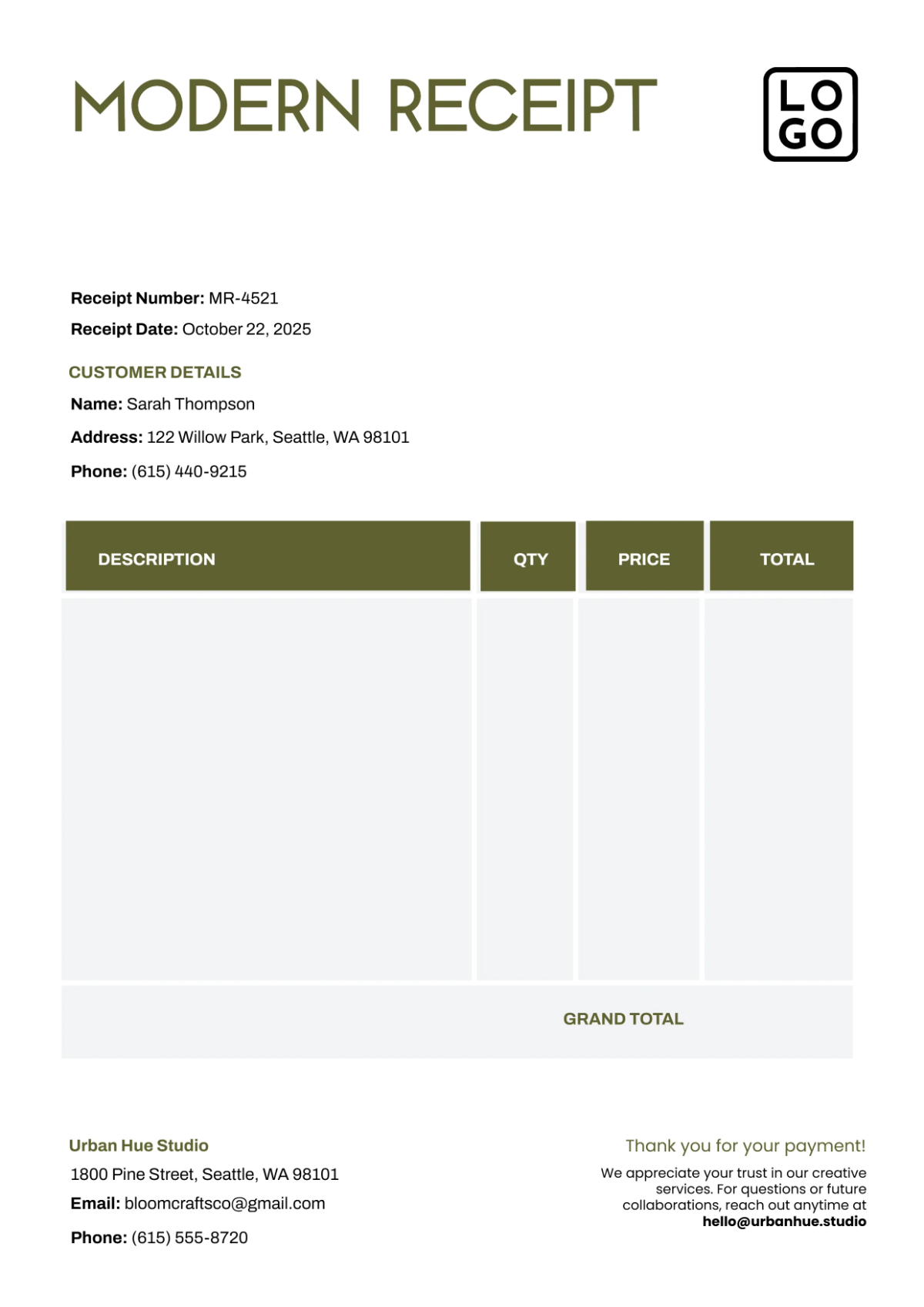 Free Modern Receipt Template to Edit Online