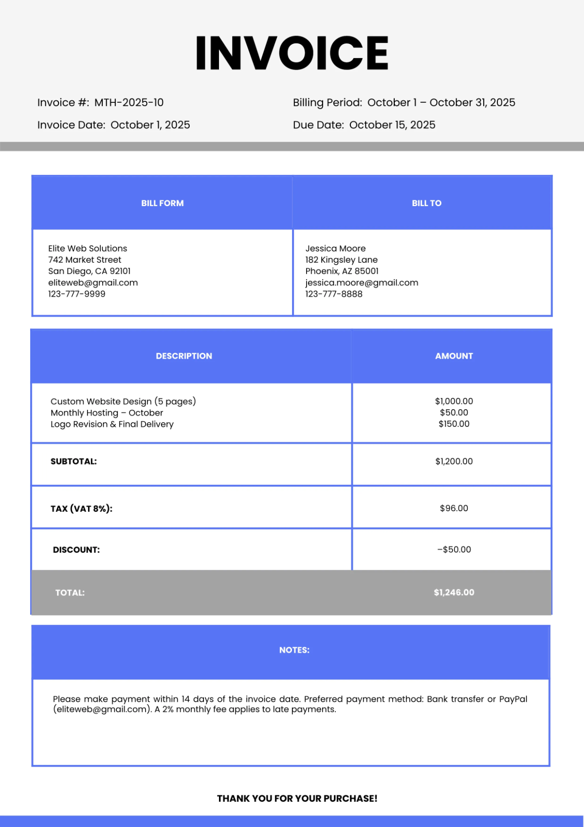 Free Monthly Invoice Template to Edit Online
