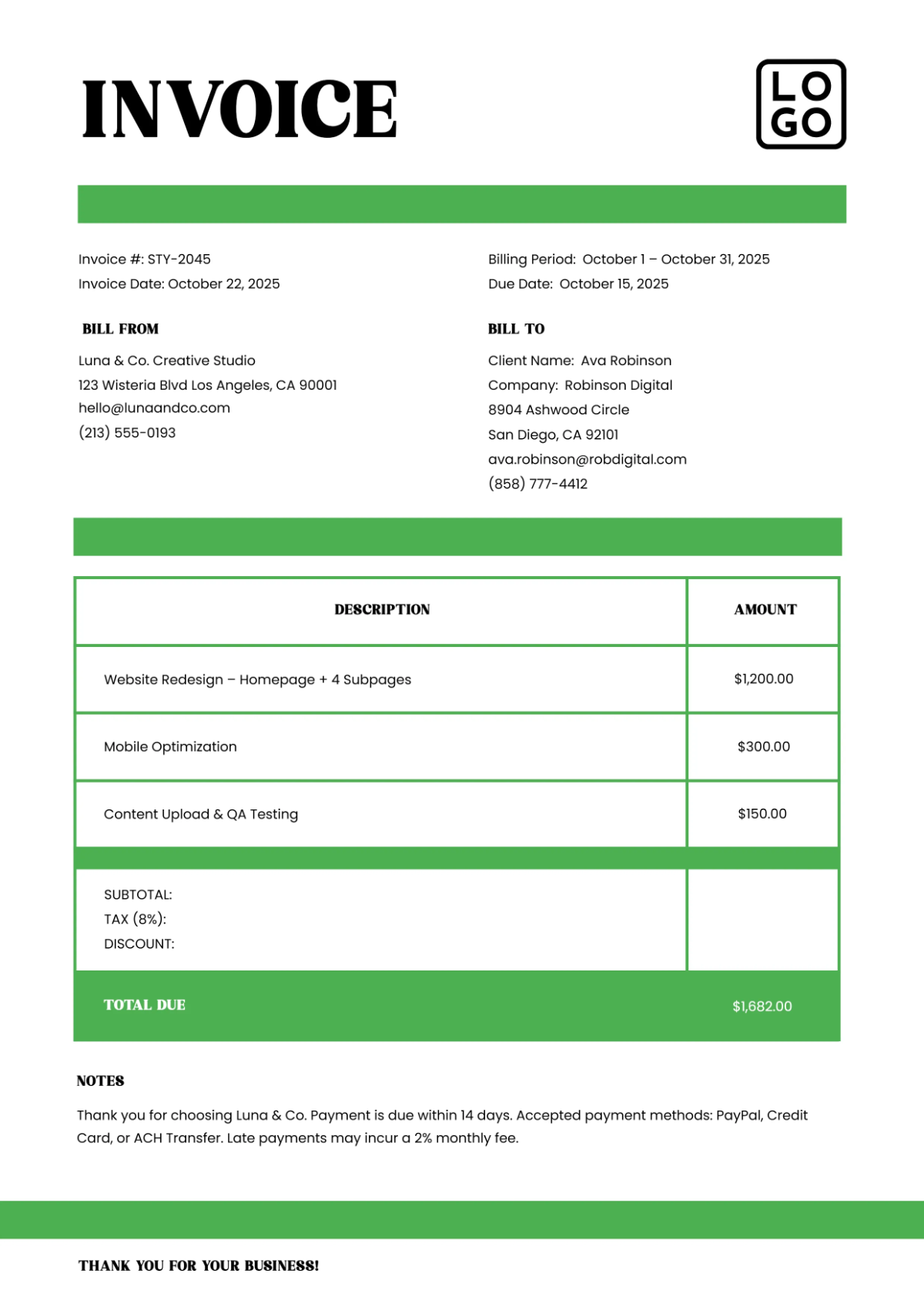 Free Stylish Invoice Template to Edit Online