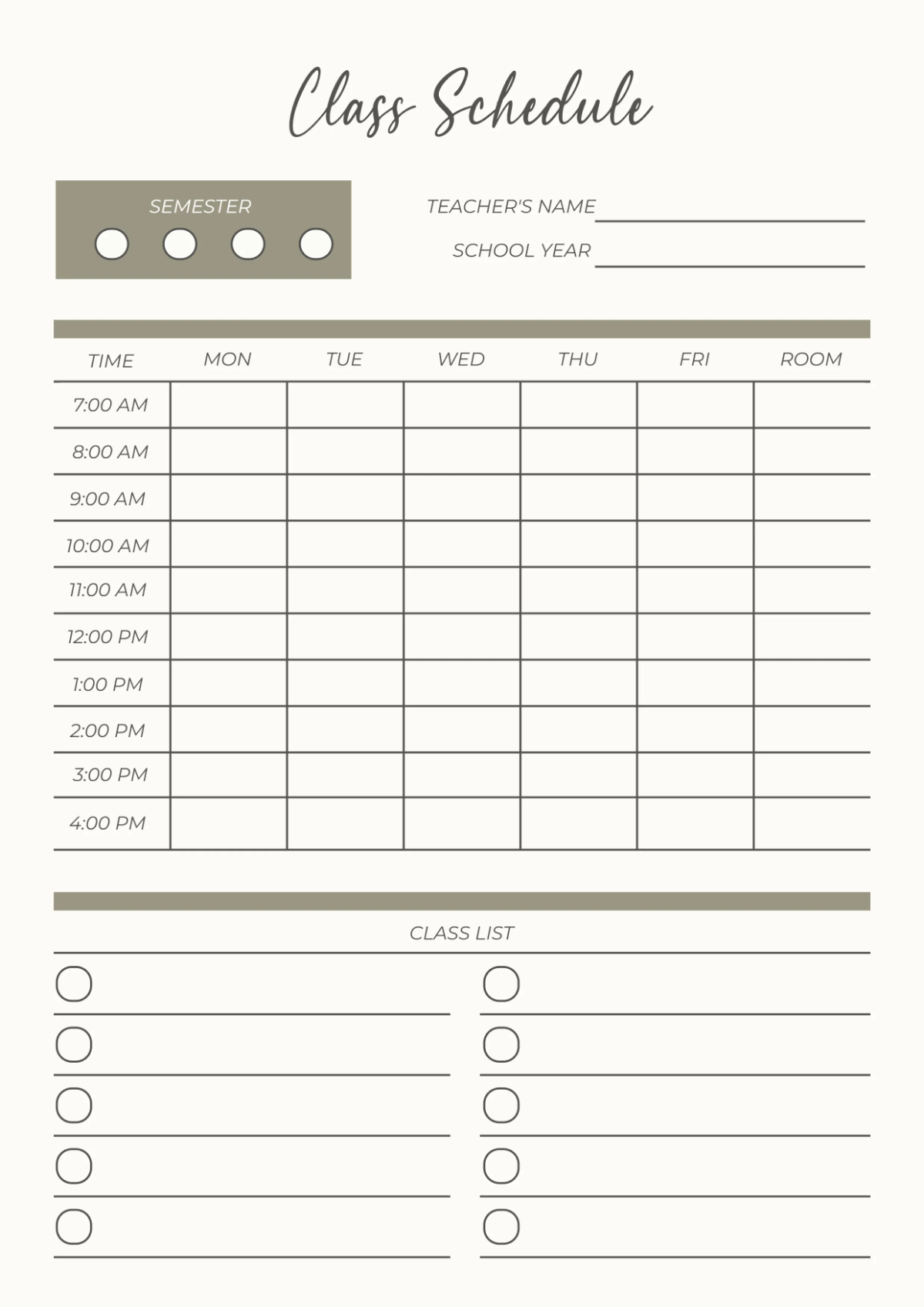 Free Visual Classroom Schedule Template to Edit Online