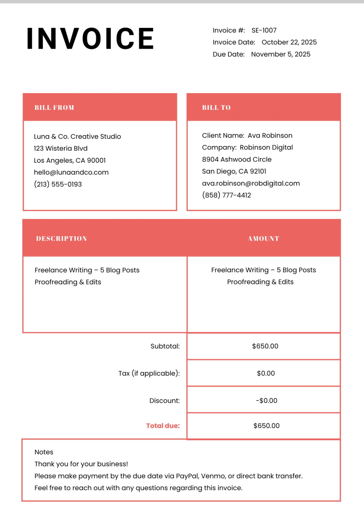 Free Simple Self-Employed Invoice Template to Edit Online