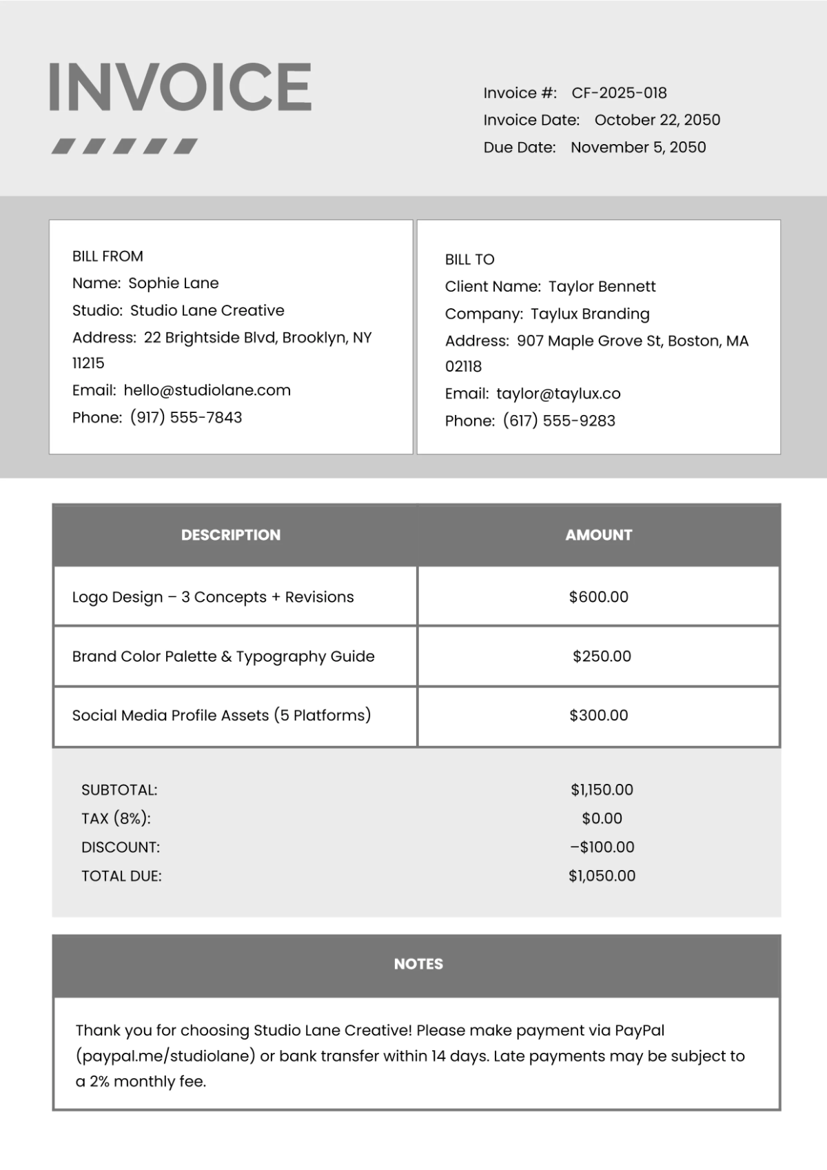 Free Creative Freelance Invoice Template to Edit Online