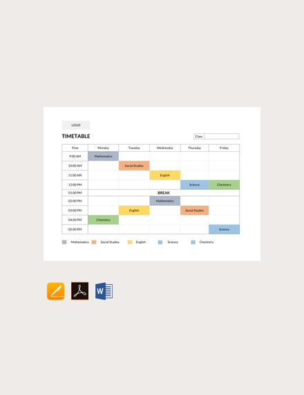 School Timetable Template - Google Docs, Word, Apple Pages, PDF