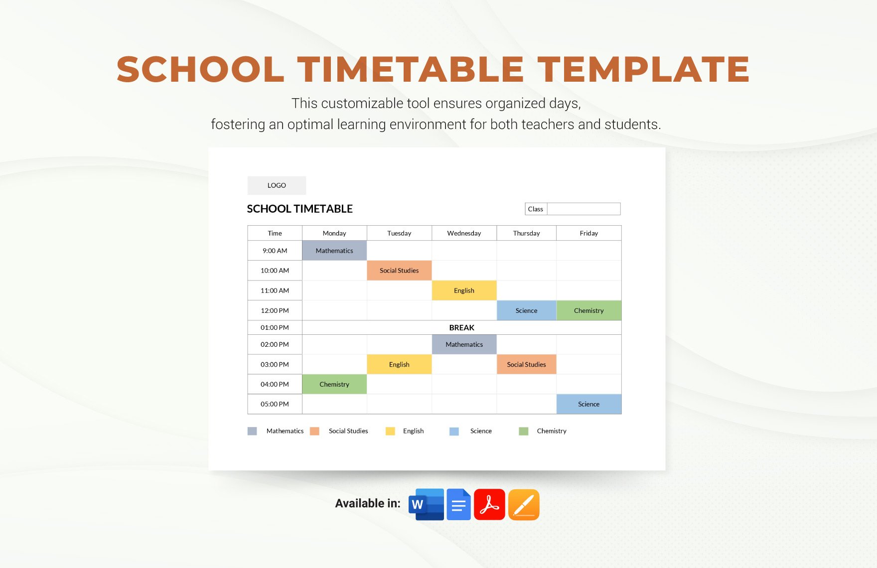School Timetable Template in Word, Google Docs, PDF, Apple Pages