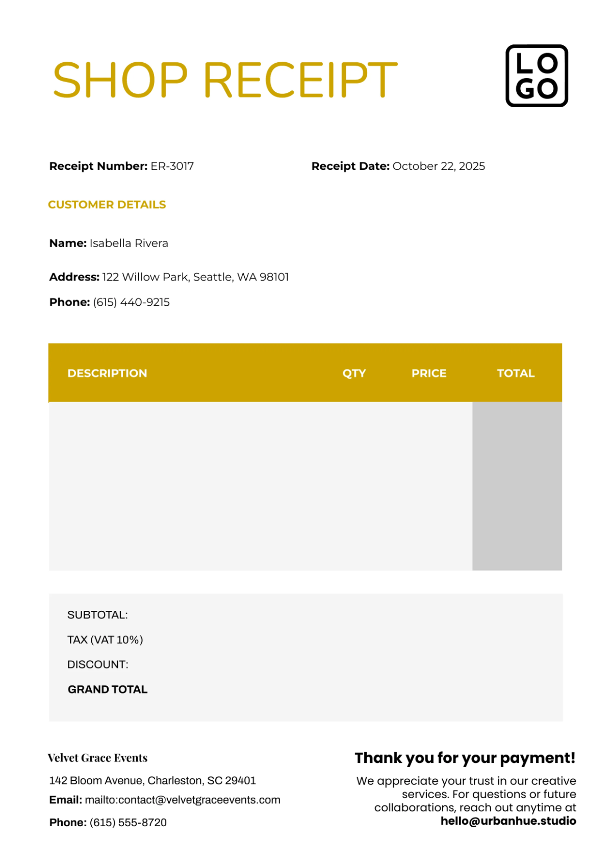 Free Elegant Receipt Template to Edit Online
