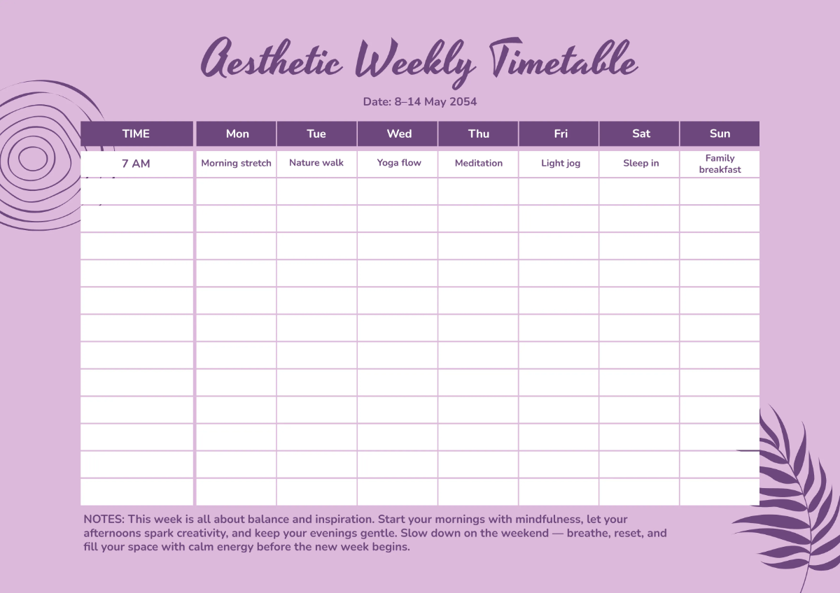 Free Aesthetic Timetable Template to Edit Online