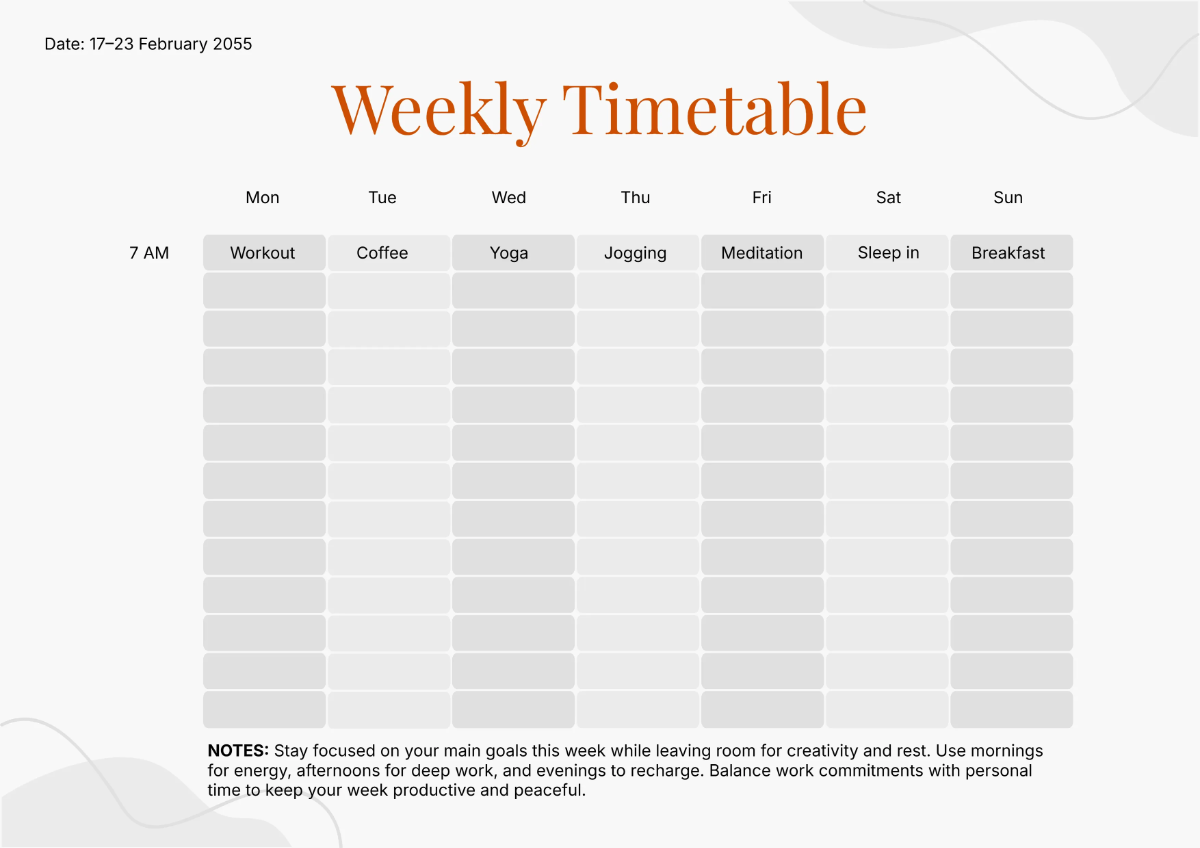 Free Weekly Timetable Template to Edit Online
