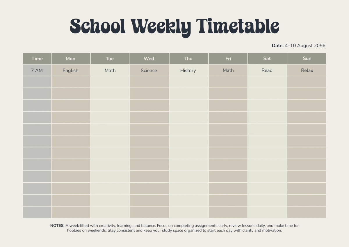 Free School Timetable Template to Edit Online