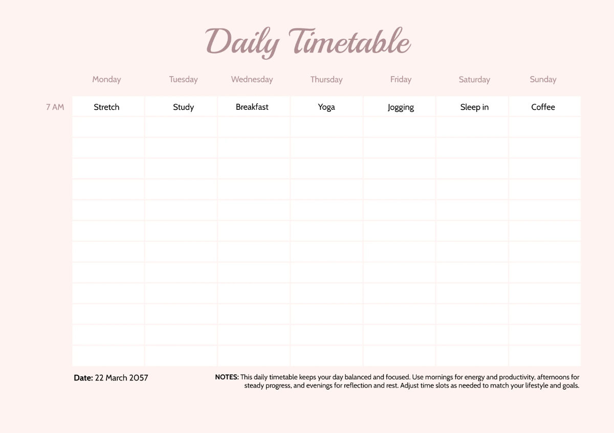 Free Daily Timetable Template to Edit Online