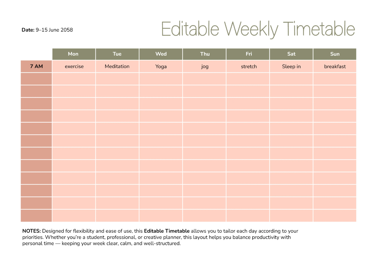 Free Editable Timetable Template to Edit Online