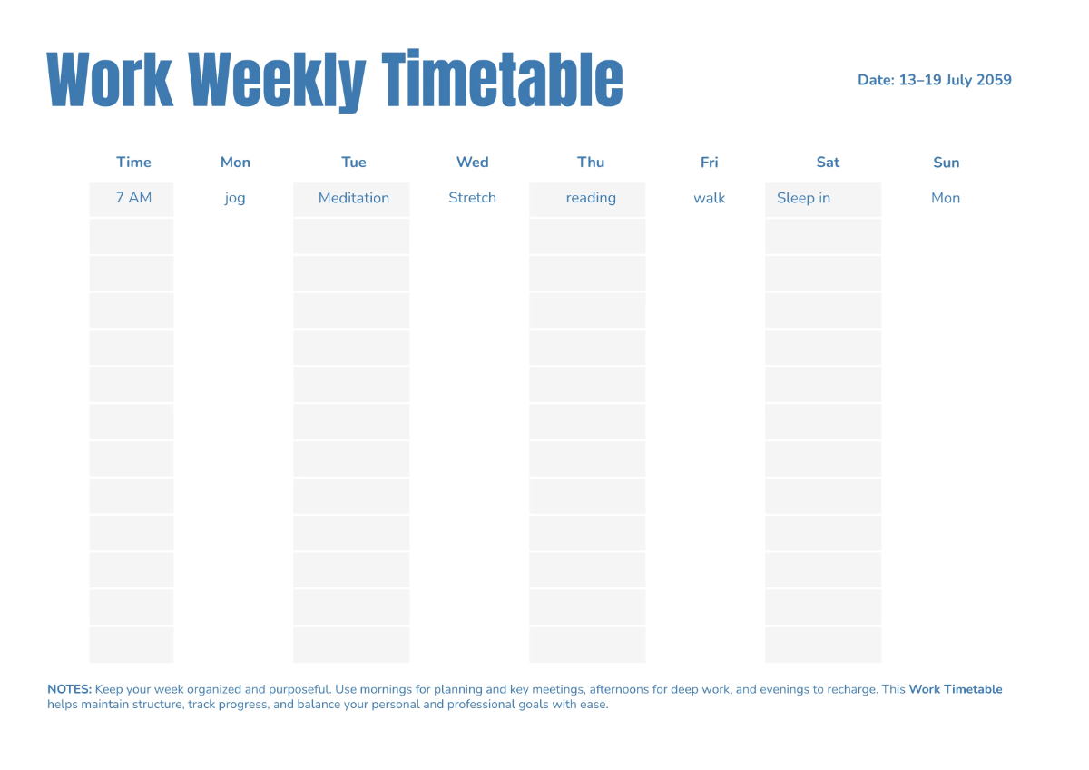 Free Work Timetable Template to Edit Online
