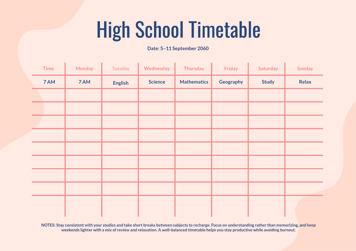 Free High School Timetable Template to Edit Online