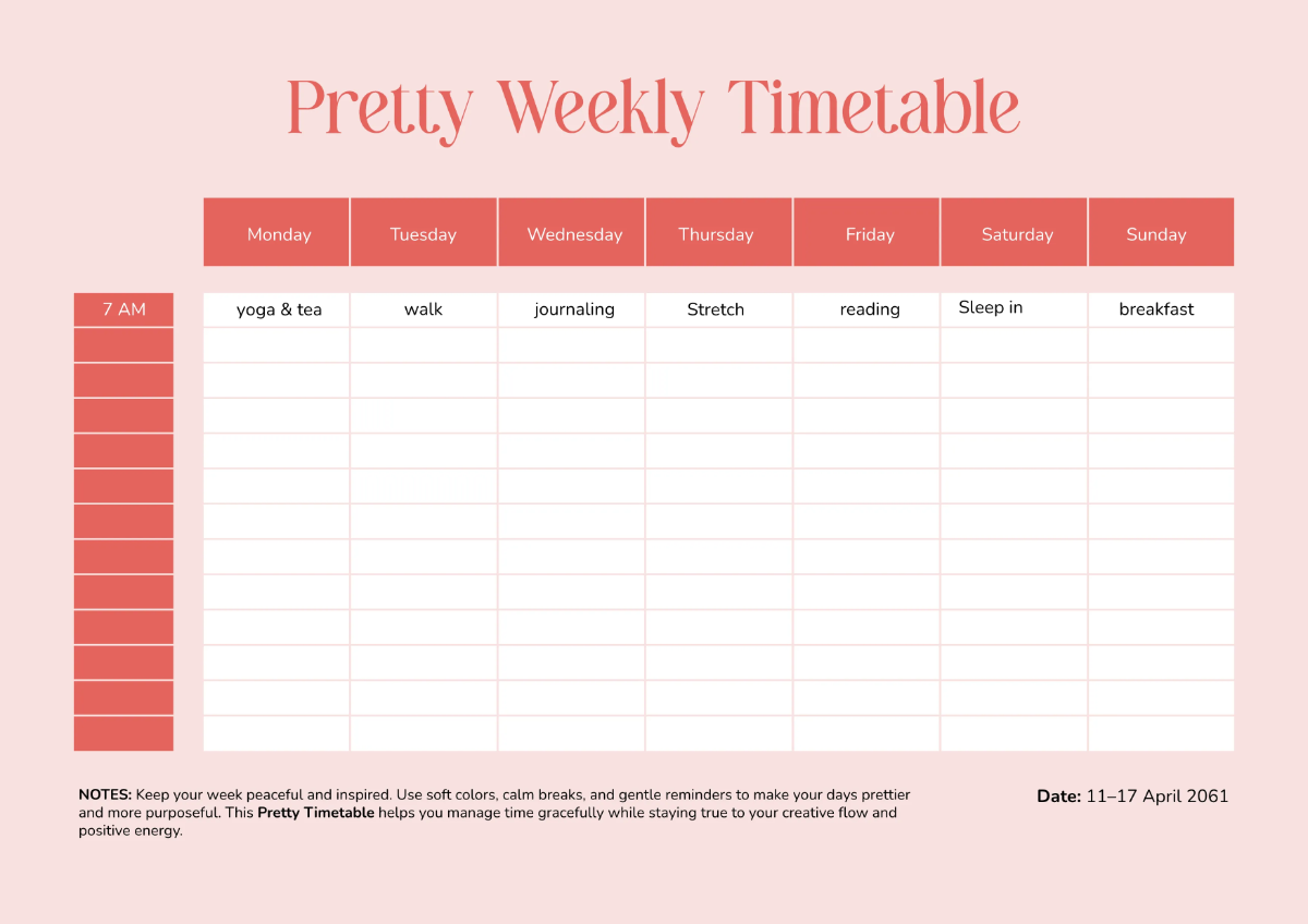Free Pretty Timetable Template to Edit Online
