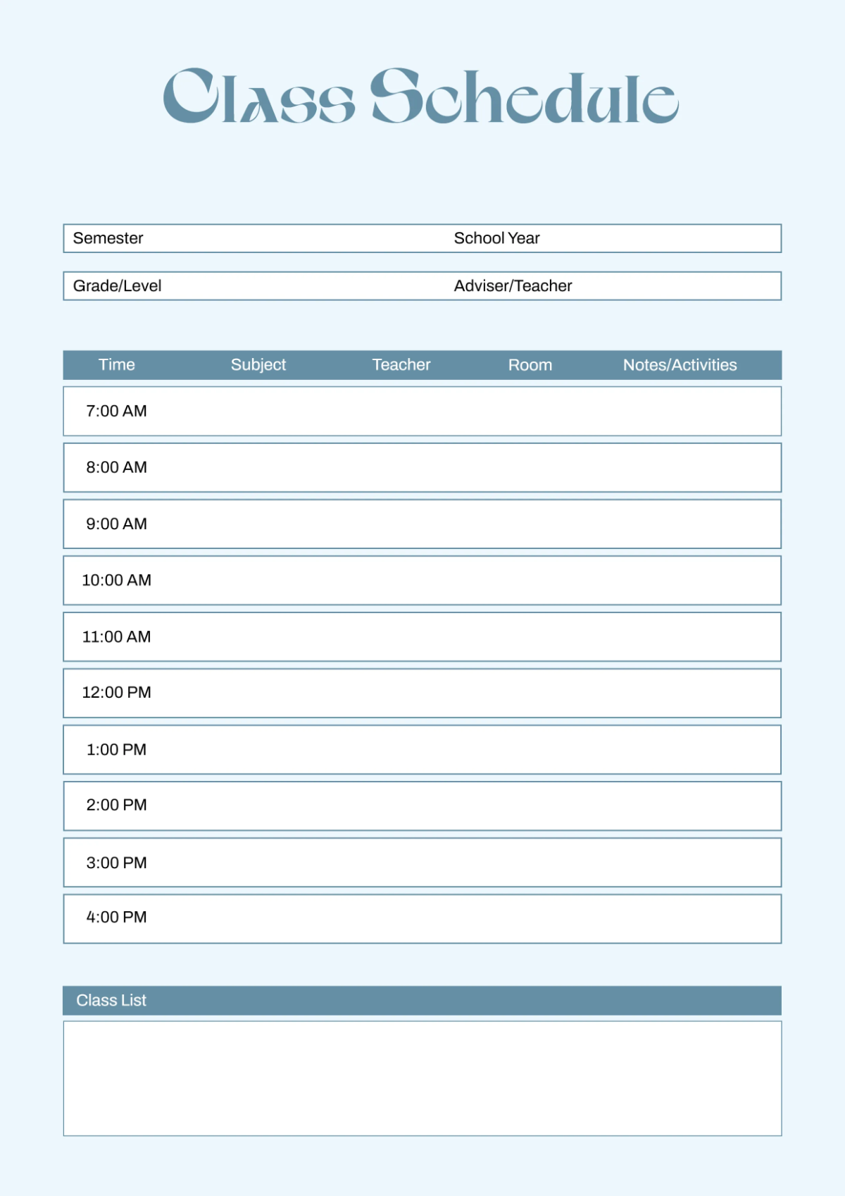 Free Middle School Classroom Schedule Template to Edit Online