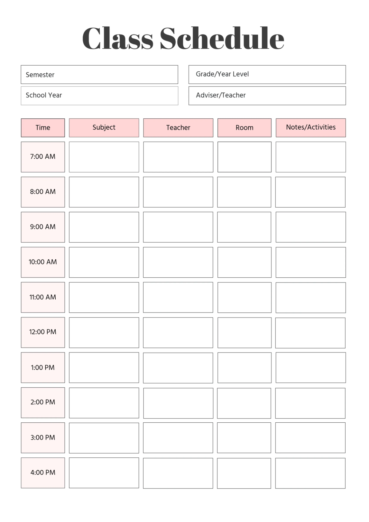 Free High School Classroom Schedule Template to Edit Online