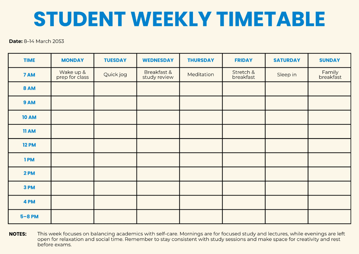 Free Student Timetable Template to Edit Online