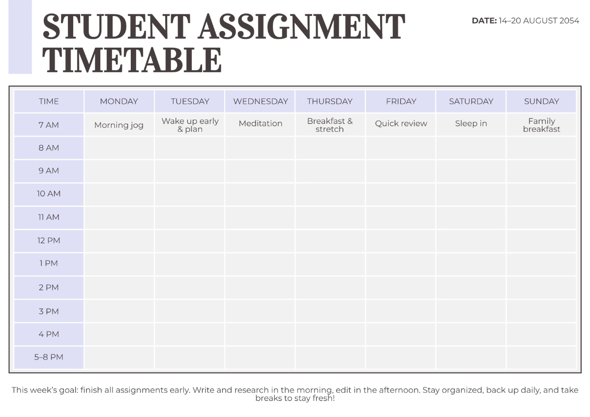 Free Assignment Timetable Template to Edit Online