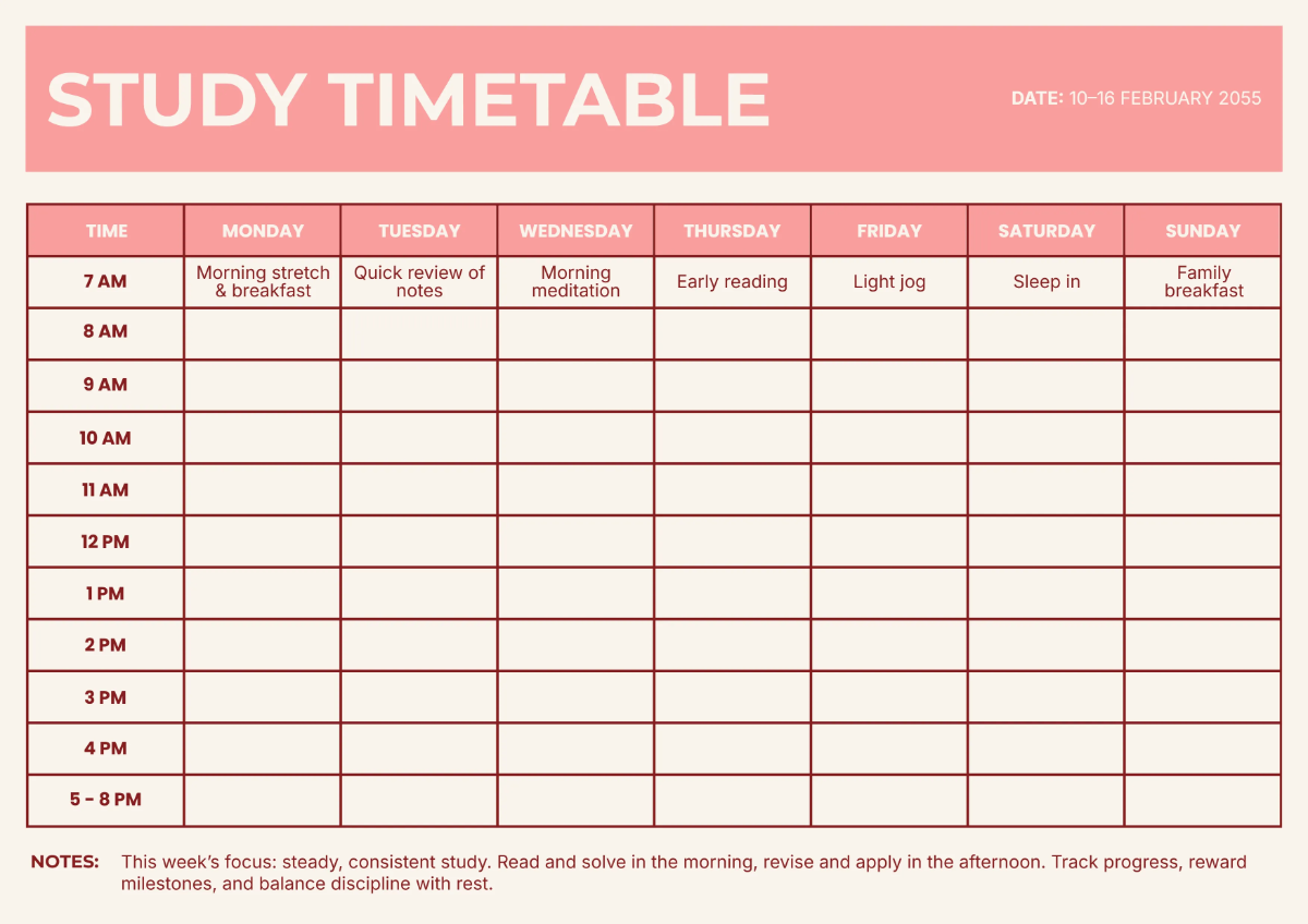 Free Study Timetable Template to Edit Online