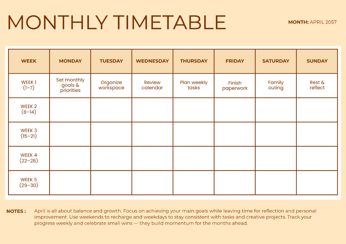 Free Monthly Timetable Template to Edit Online