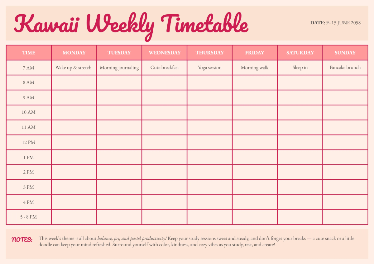 Free Kawaii Timetable Template to Edit Online