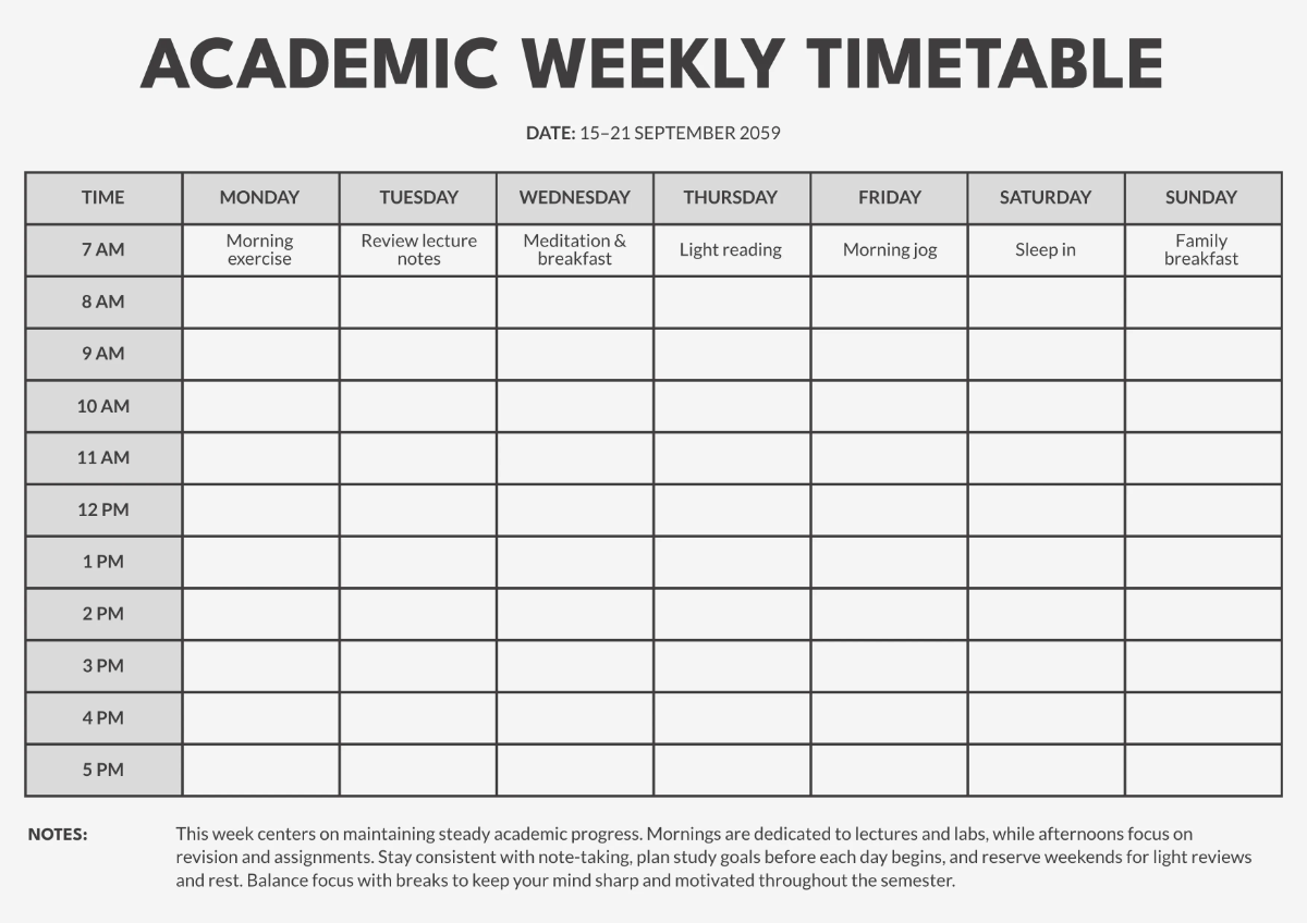 Free Academic Timetable Template to Edit Online