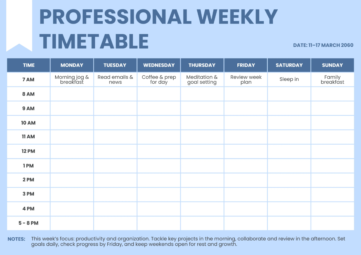 Free Professional Timetable Template to Edit Online