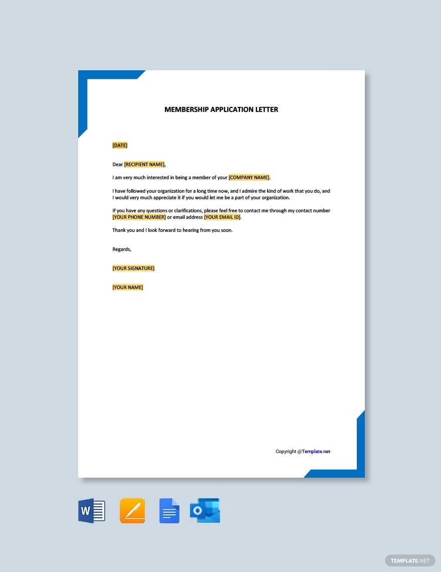 Membership Application Letter in Google Docs, Word, Pages, Outlook, PDF - Download | Template.net