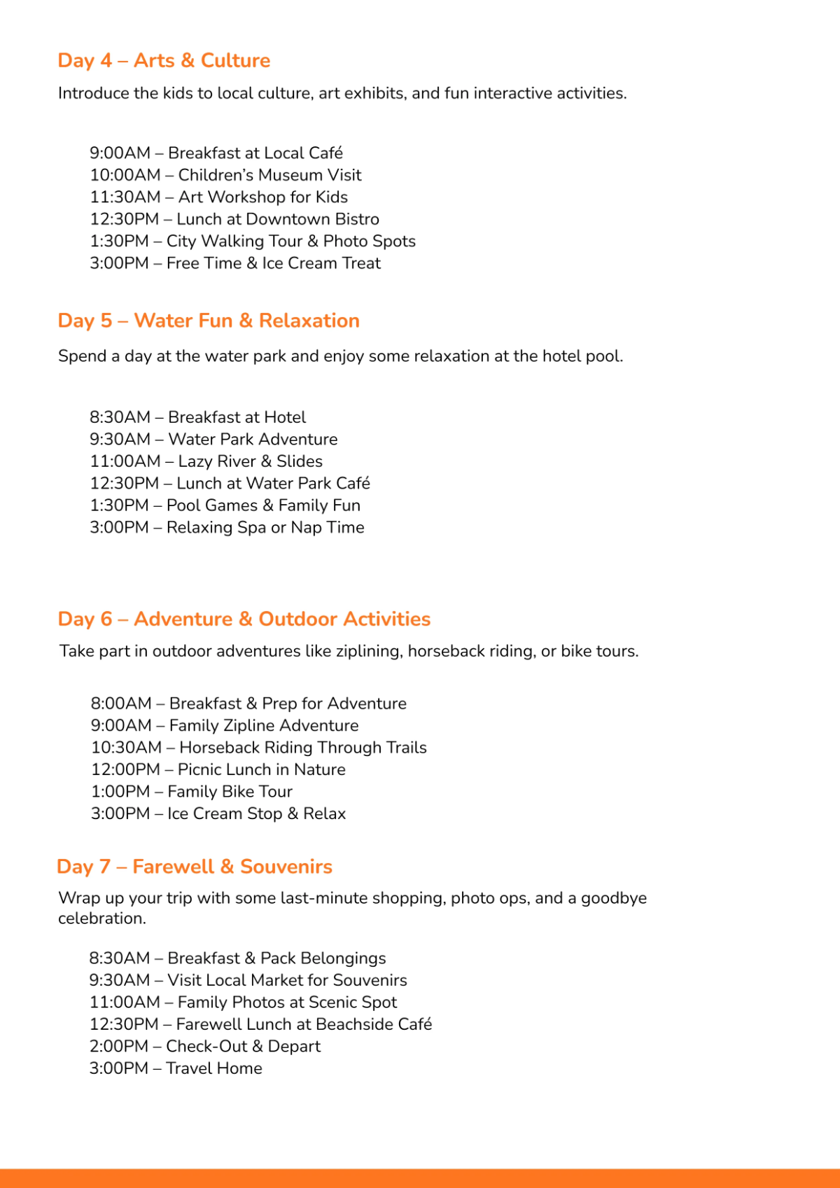 Free Family Vacation Itinerary Template to Edit Online