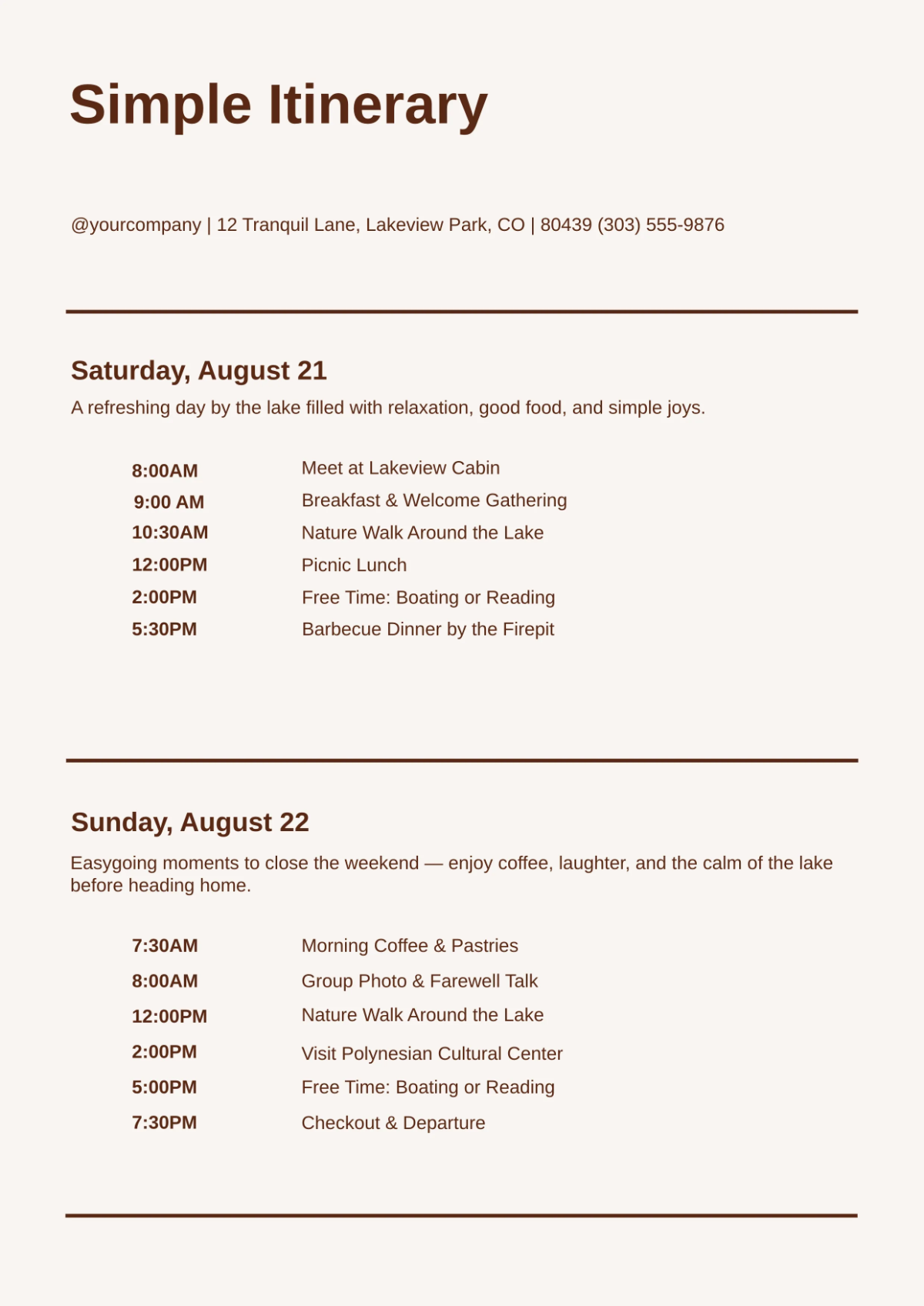 Free Simple Itinerary Template to Edit Online