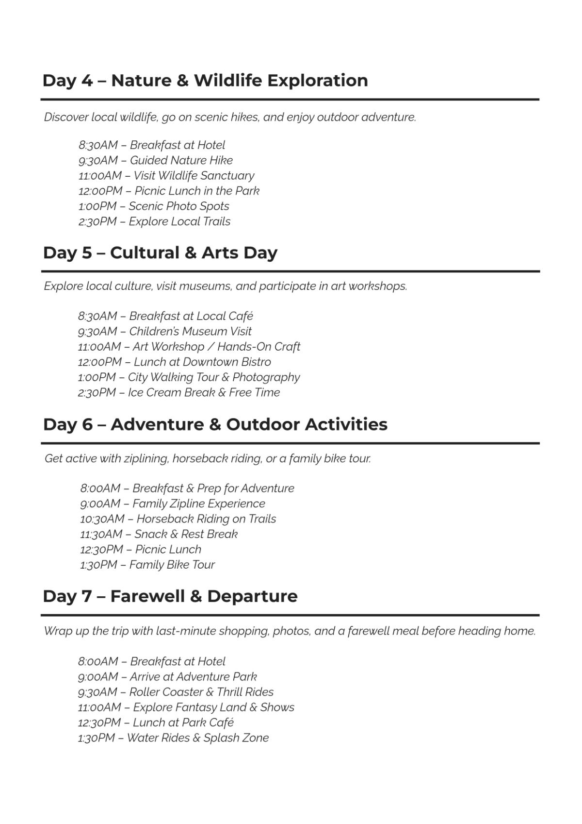 Free Vacation Itinerary Template to Edit Online