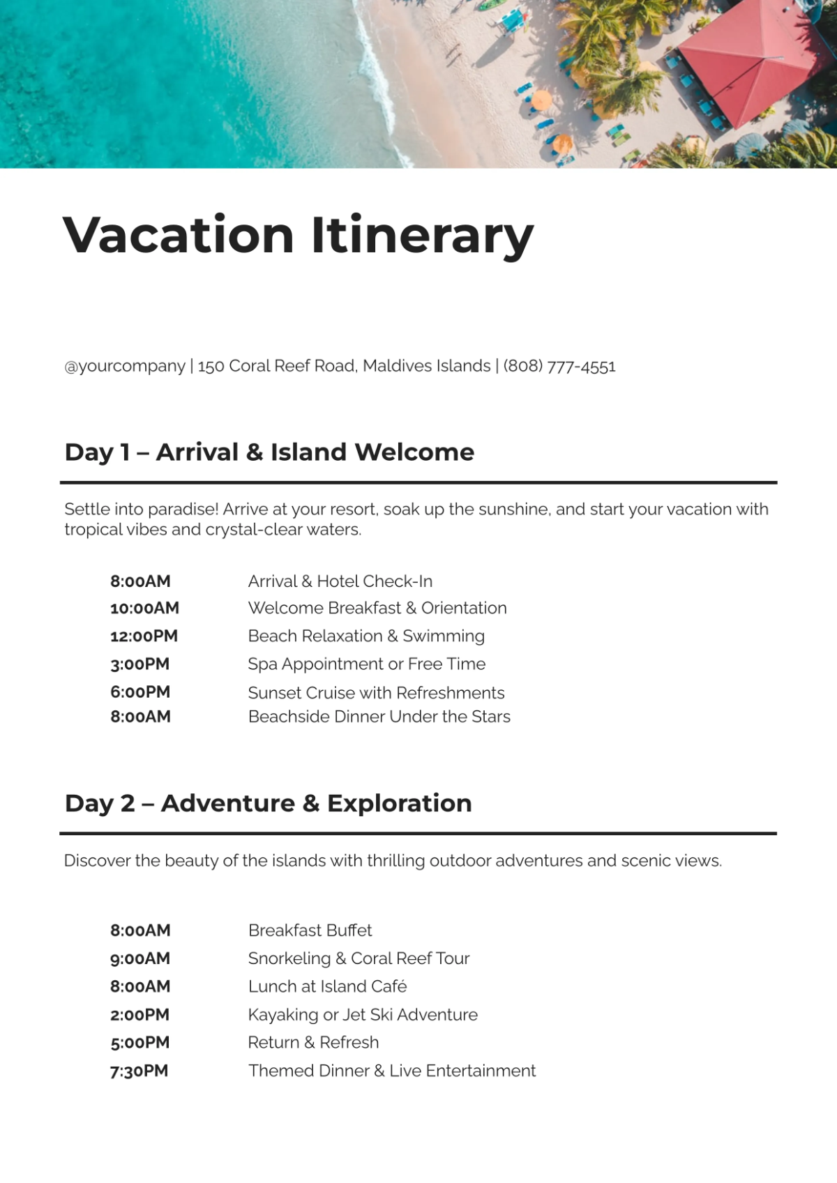 Free Vacation Itinerary Template to Edit Online