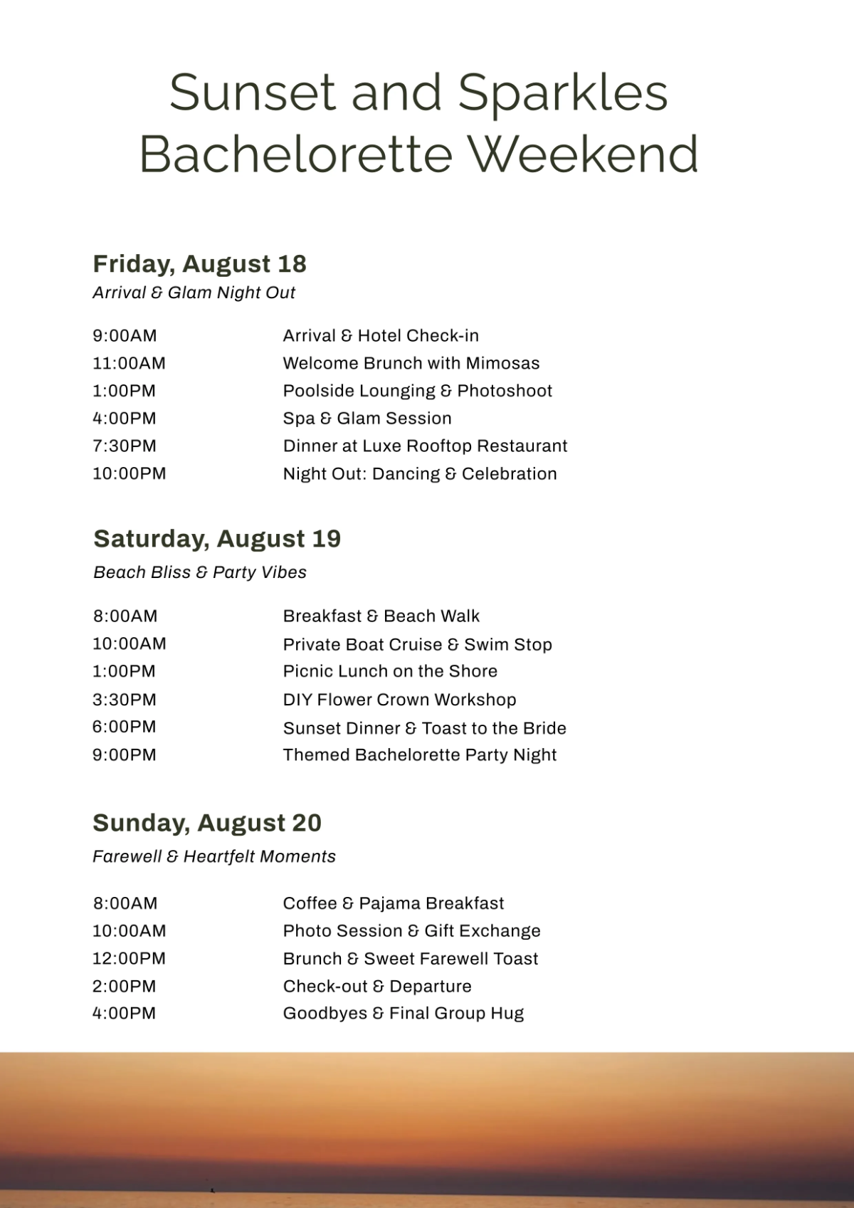 Free Bachelorette Itinerary Template to Edit Online