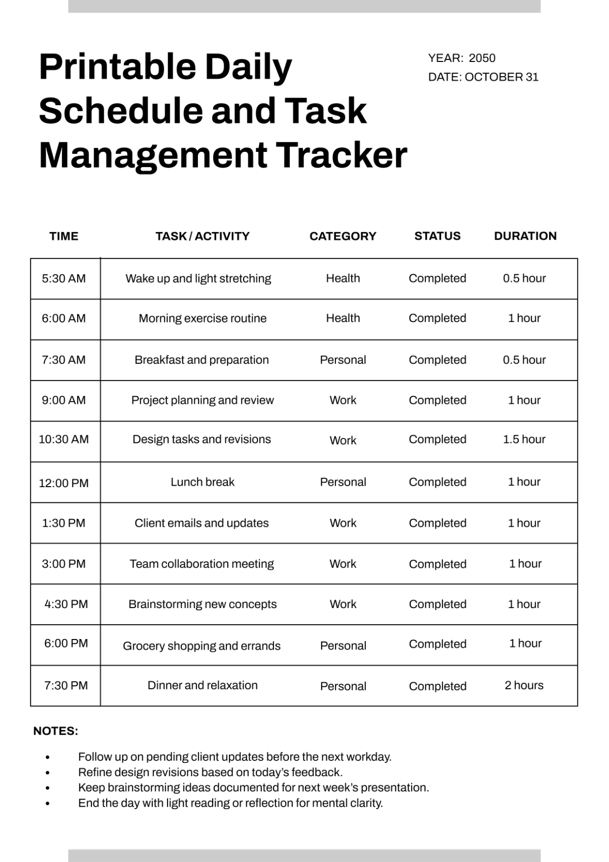 Printable Daily Tracker Template